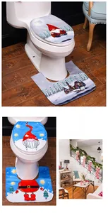 Close-up of flannel Christmas toilet set featuring gnome motifs and snowy forest designs