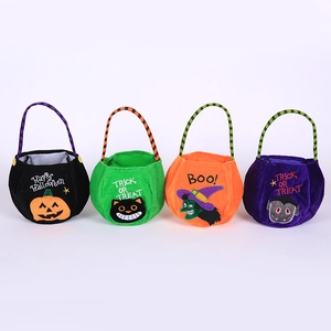 Set of four Halloween plush candy bags featuring pumpkin, cat, witch, and vampire designs