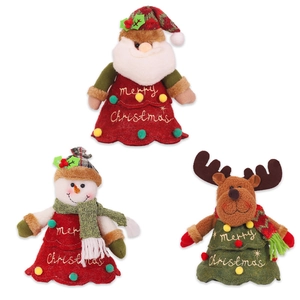 Three-piece Christmas plush doll set featuring Santa, Snowman, and Reindeer with embroidery