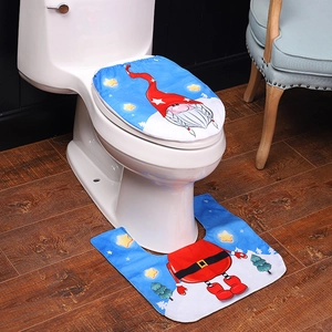 Blue Christmas gnome bathroom set with plush toilet seat cover and U-shaped non-slip floor mat