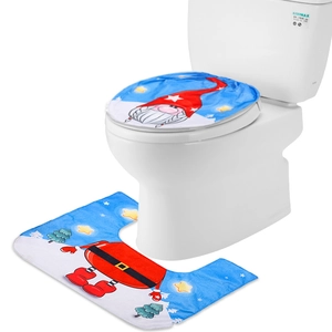 Christmas toilet cover set featuring festive gnomes and Santa Claus on blue flannel fabric