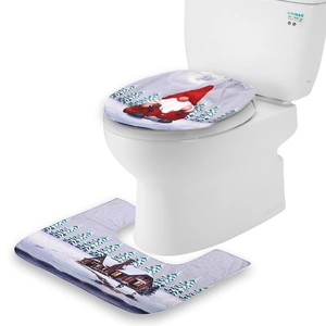 Christmas gnome toilet lid cover and U-shaped rug set in purple winter snow landscape