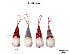 Detailed dimensions of four 16cm knitted Christmas gnomes with hanging ropes and varied patterns