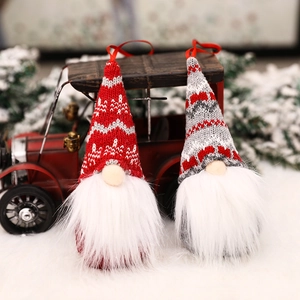 Knitted Christmas gnome ornaments set with red and grey patterns for holiday tree decor