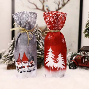 Christmas burlap wine bottle gift bags with forest gnomes and tree prints in red and grey