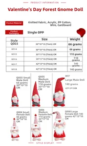 Detailed size chart and weight specifications for gnome plush dolls Q003 to Q008