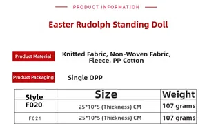 Detailed size chart for Easter faceless bunny plush with material and weight specs
