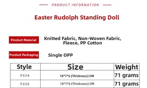 Detailed size chart for Easter gnome dolls showing dimensions 18x7x6cm and material info