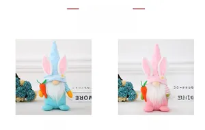 Detail showing Easter gnome plushies in light blue and pink with bunny ears and carrots