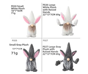 Detailed size comparison of four Easter gnome dolls with pink bunny ears and soft plush textures