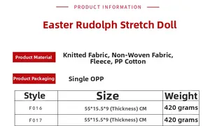 Size chart showing dimensions and materials for the Easter faceless gnome rabbit doll