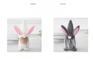 Detailed display of white and grey Easter gnome dolls with rabbit ears and long faux fur beards