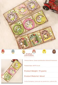 Details of wooden Easter animal ornaments in a box with product dimensions and specs