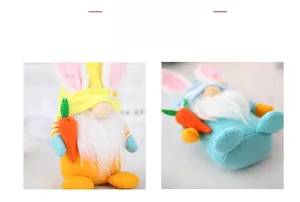 Detail view of yellow and blue Easter gnomes with rabbit ears holding carrots