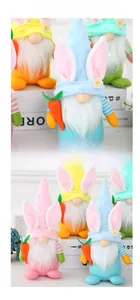 Close-up of Easter gnome plush with bunny ears, white beard, and a small orange carrot