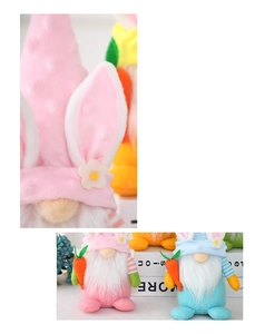 Macro detail of Easter gnome plush with polka dot hat, rabbit ears and carrot accessory