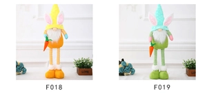 Detail of Easter gnomes with rabbit ears, striped telescopic legs and plush carrots
