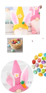 Detailed view of handmade Easter gnomes with rabbit ears, knitted hats and felt carrots