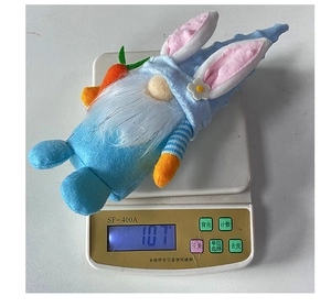 Detailed scale view showing the 107g weight of this Easter rabbit gnome plush toy