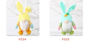 Detail of Easter gnome plush pendants with rabbit ears, daisies and carrot decorations