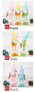 Three-view detail of Easter gnome plush with bunny ears, tall hat, and orange carrot