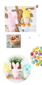 Close-up of Easter gnome dolls with rabbit ears and colorful decorated eggs in a basket