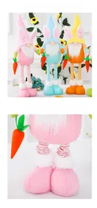 Detailed view of colorful Easter gnomes with rabbit ears holding small carrots
