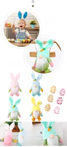 Detailed view of colorful plush Easter gnomes with rabbit ears and hand-painted eggs