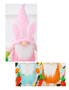 Detail of colorful Easter gnomes with rabbit ears holding carrots for home decoration