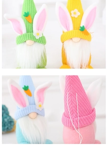Detailed view of colorful Easter Gnomes with rabbit ears and knitted hats for home decor