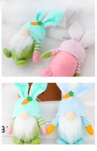 Close-up of Easter gnome plush with bunny ears and white beard in pastel colors