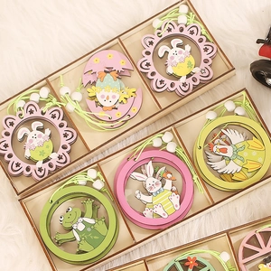 Creative Easter wooden pendant set with colorful rabbit and chick designs in a storage box