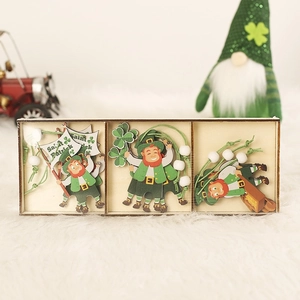 Saint Patrick's Day wooden gnome and shamrock hanging ornaments in a wooden gift box