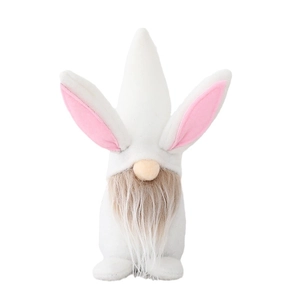 Cute Easter gnome plush doll with rabbit ears and long white beard on a plain background