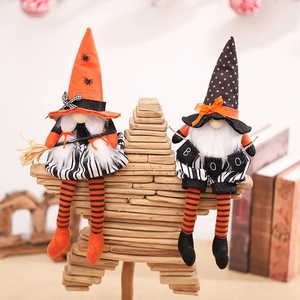Halloween gnomes set with long legs holding broom and BOO sign for party decor