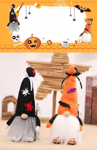 Detail of light-up Halloween gnomes with spider patterns and plush long beards