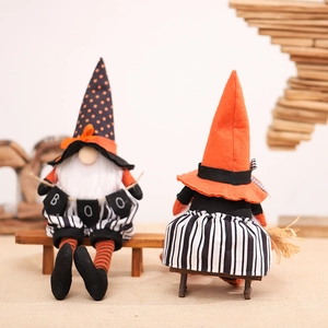 Halloween gnome plush couple with boo banner and broom for holiday party shelf decor