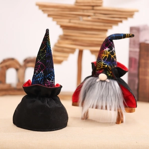 Halloween faceless gnome doll with colorful spider web patterns and glowing LED light