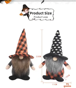 Detail showing two Halloween faceless gnomes with orange and black patterns, measuring 23cm high