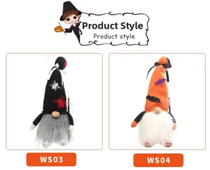 Detail of Halloween gnomes with bat and spider patterns on knit hats for holiday decor