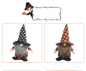 Detail of Halloween gnomes with pointed hats in orange and black plaid knit fabric