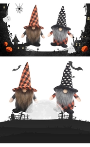 Close-up of Halloween faceless gnomes with plaid pointed hats and spooky moonlight backdrop