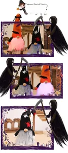 Detail of light-up Halloween gnomes and grim reaper figurine with sickle and bat patterns