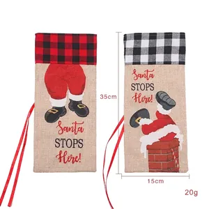 Christmas burlap wine bottle bags with Santa chimney design and red drawstrings