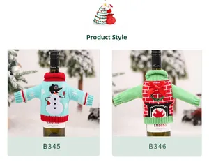 Detail of Christmas wine bottle covers featuring snowman and fireplace knitting patterns