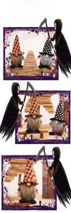 Detail of Halloween gnomes featuring orange plaid and floral tall hats with plush beards