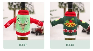 Detailed view of Christmas knit wine bottle covers featuring reindeer and holiday bell patterns