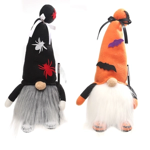 Halloween gnomes with spider and bat patterns holding scythes for tabletop decor