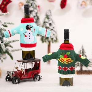 Christmas knitted wine bottle sweaters with snowman and bell patterns for holiday table decor