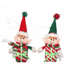 Christmas elf plush ornaments with striped gift bag outfits for festive holiday tree decoration